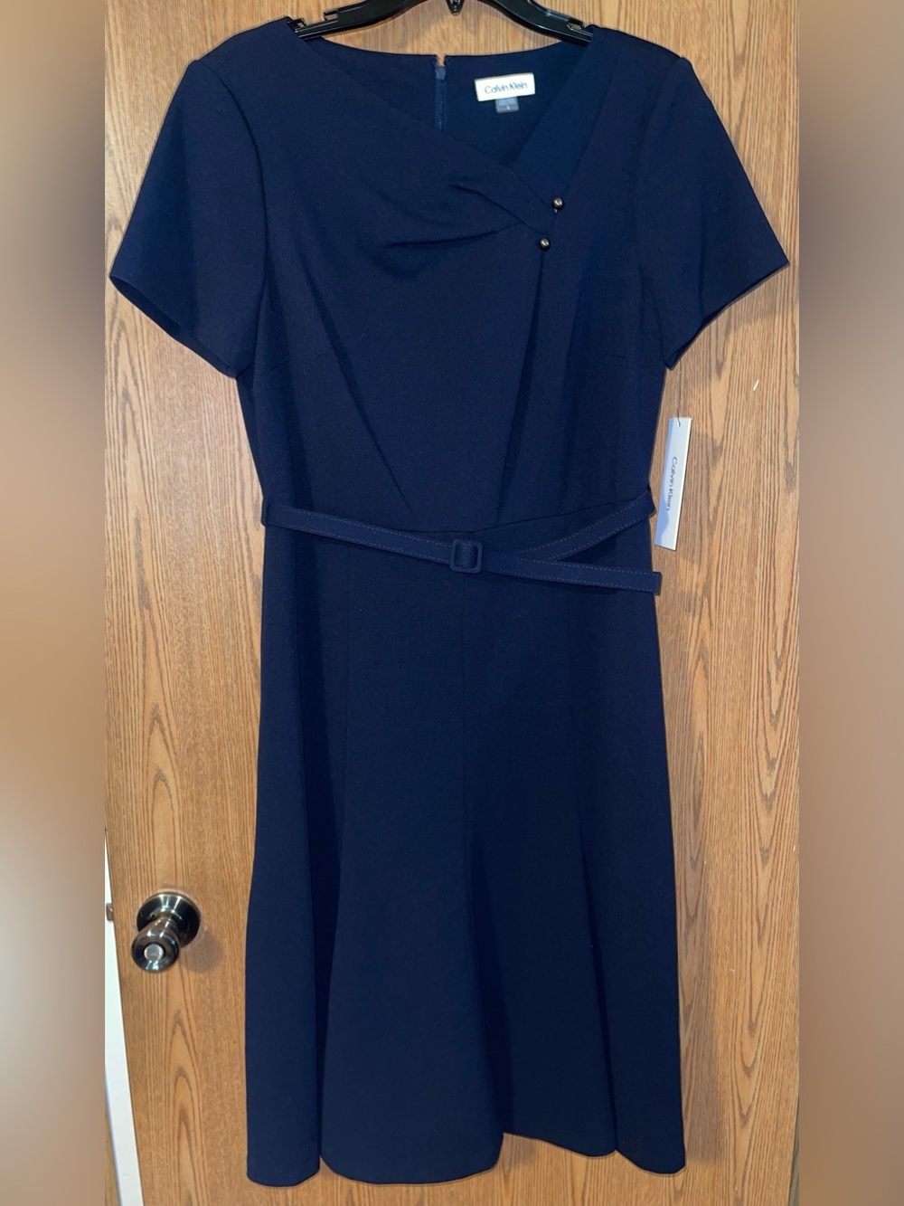 Calvin Klein Navy Blue Belted Aline Midi Dress